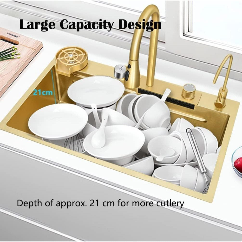 33x22 INCH Gold Flying Rain Drop In Stainless Steel Watefall Kitchen Sink Single Bowl with Pull Down Faucet Set