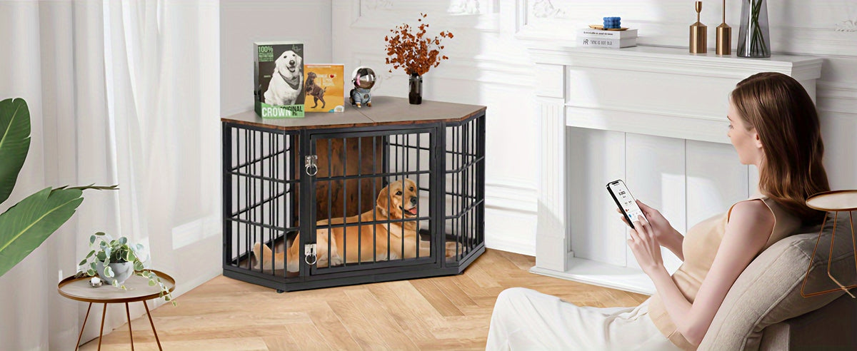 47"/52" Heavy Duty Corner Dog Crate Furniture - Rustic Brown Wooden Dog Cage with Double Sturdy Locks, Space-Saving Indoor Kennel & Side Table for Medium Dogs, Multi-Functional Pet House with Cushioned Floor & Decorative Top
