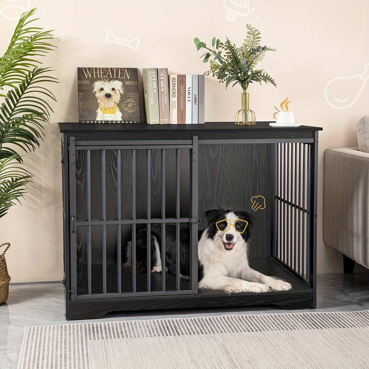 XL Large Dog Crate Furniture, 44.1" Indoor Dog Kennel Furniture with Barn Door, Wooden Tall Dog Crate, Heavy Duty Dog Cage for Large Dogs, Side End Table, Anti-Chew, Rustic Brown, Black, Greige Black, White Brown