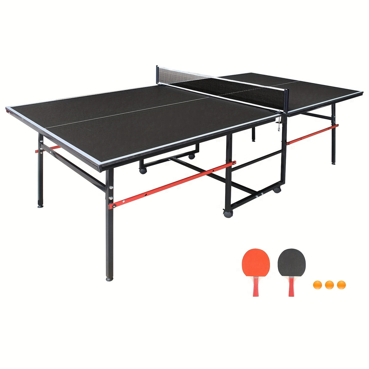 8 Ft Folding Rolling Table Tennis Table Regulation Ping Pong Table with 2 Paddles 2 Balls 1 Net And Post Set Fold-Up Design 4 Wheels for Easy Movement, BLUE