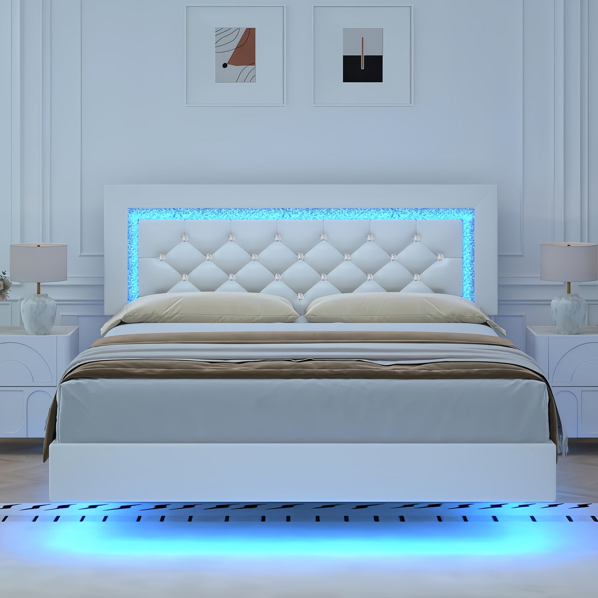 Twin Full Queen King Size Floating Bed Frame with LED Lights, Upholstered Platform Bed with Diamond Tufted Headboard, No Box Spring Needed, Noise Free, Easy Assembly, Black/Pink/White