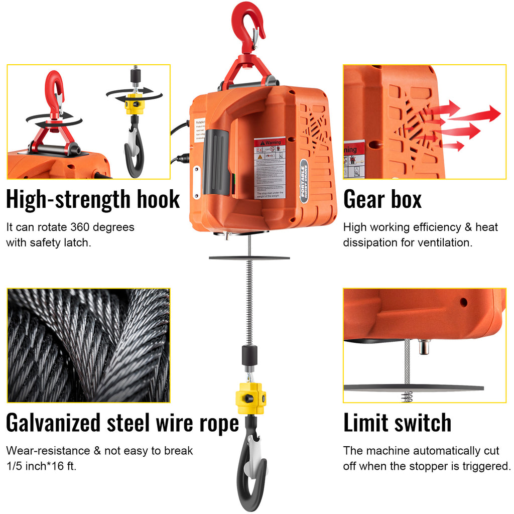 VEVOR 3-in-1 Electric Hoist Winch, 1100lbs Portable Electric Winch, 1500W 120V Power Winch Crane, 25ft Lifting Height, w/Wire and Wireless Remote Control, Overload Protection for Lifting Towing