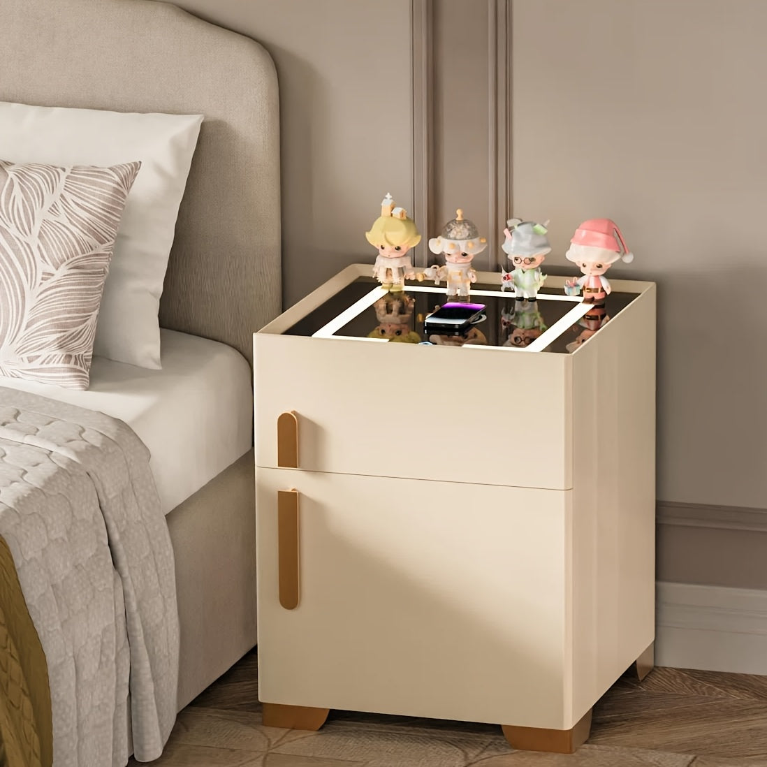Modern 4 in 1 Wireless Charging Bedside Cabinet with Large Capacity, LED Three-Color Changing Light, Office Storage Cabinet with Drawers Combination Lock, Bedside Cabinet, Bedside Table, Sofa Side Table, Space-Saving, No Assembly Required