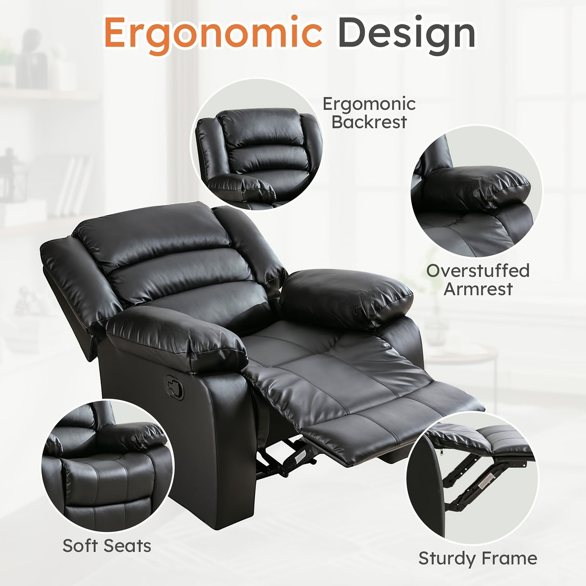 Black Recliner Chair with Overstuffed Arm and Back, Breathable Faux Leather Manual Reclining Chairs, Living Room Single Sofa Recliners