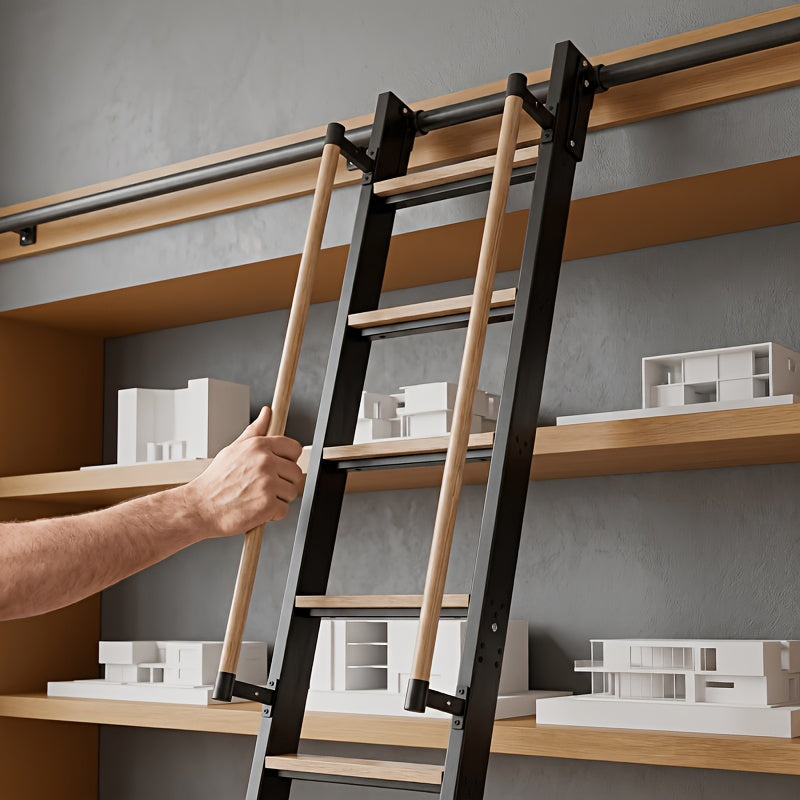 Rolling Library Ladder with 6.6' Slide Rails, 96' Roller Ladder with Wheels And Handrails, Space Saving Rail Mount Ladder for Bookshelf, Loft, Closet, Home