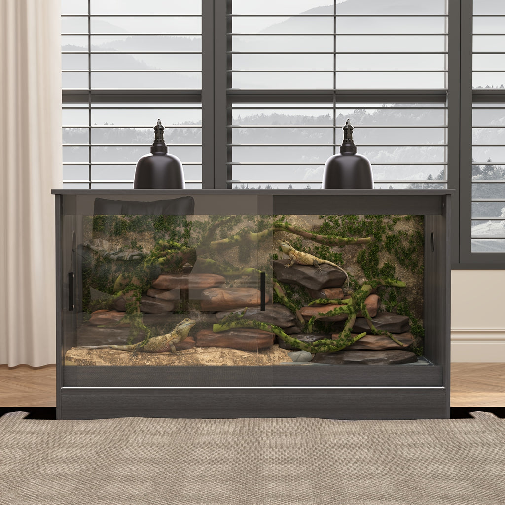 [Reptile Terrarium Cabinet] Large Reptile Enclosure with Sliding Glass Doors, Ventilated Terrarium Cabinet with Dual Air Vents, Easy Access Design, for Reptiles And Amphibians, Black Grey