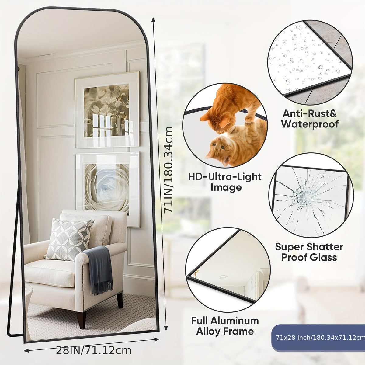 Arched Floor Mirror, Vintage-Inspired Full Length Reflection for Bedroom or Living Room Decor with Stand