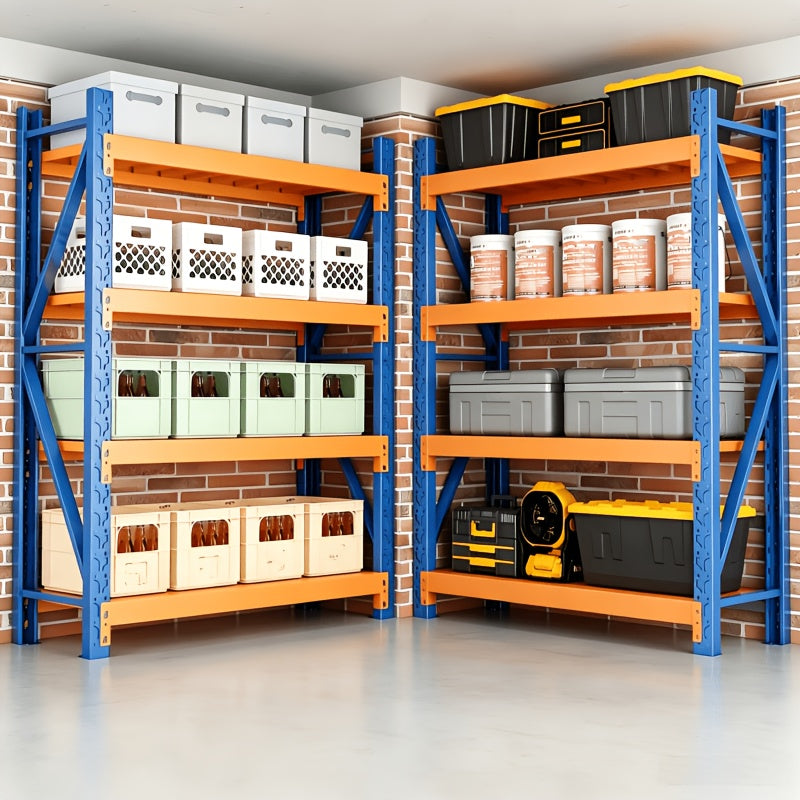 [4-Tier Garage Storage] Heavy-Duty Garage Shelving, 4-Tier Adjustable Garage Storage Metal Rack. For Home, Garage, Basement, And Laundry Room. Dimensions: 23.7" Deep X 59.1" Wide X 78.8" High. Color: Blue-Orange Storage And Organization