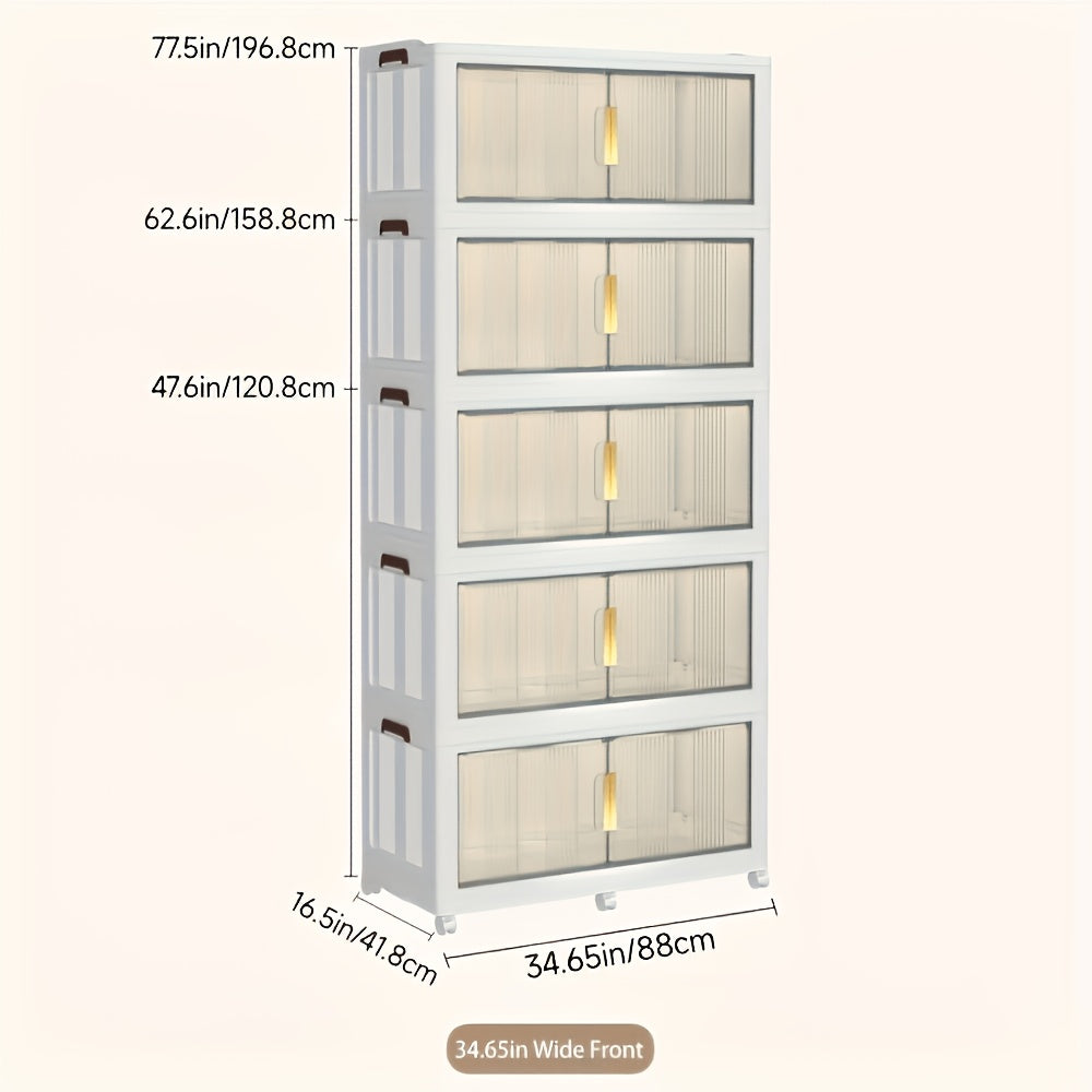 3/4/5-Tier Extra Large 34.7 Inch Plastic Storage Cabinet - Stackable Bins with Doors & Wheels, Foldable Space-Saving Organizer for Bedroom, Living Room, Kitchen, Office, Bathroom, Dorm, Home, And Outdoor Use