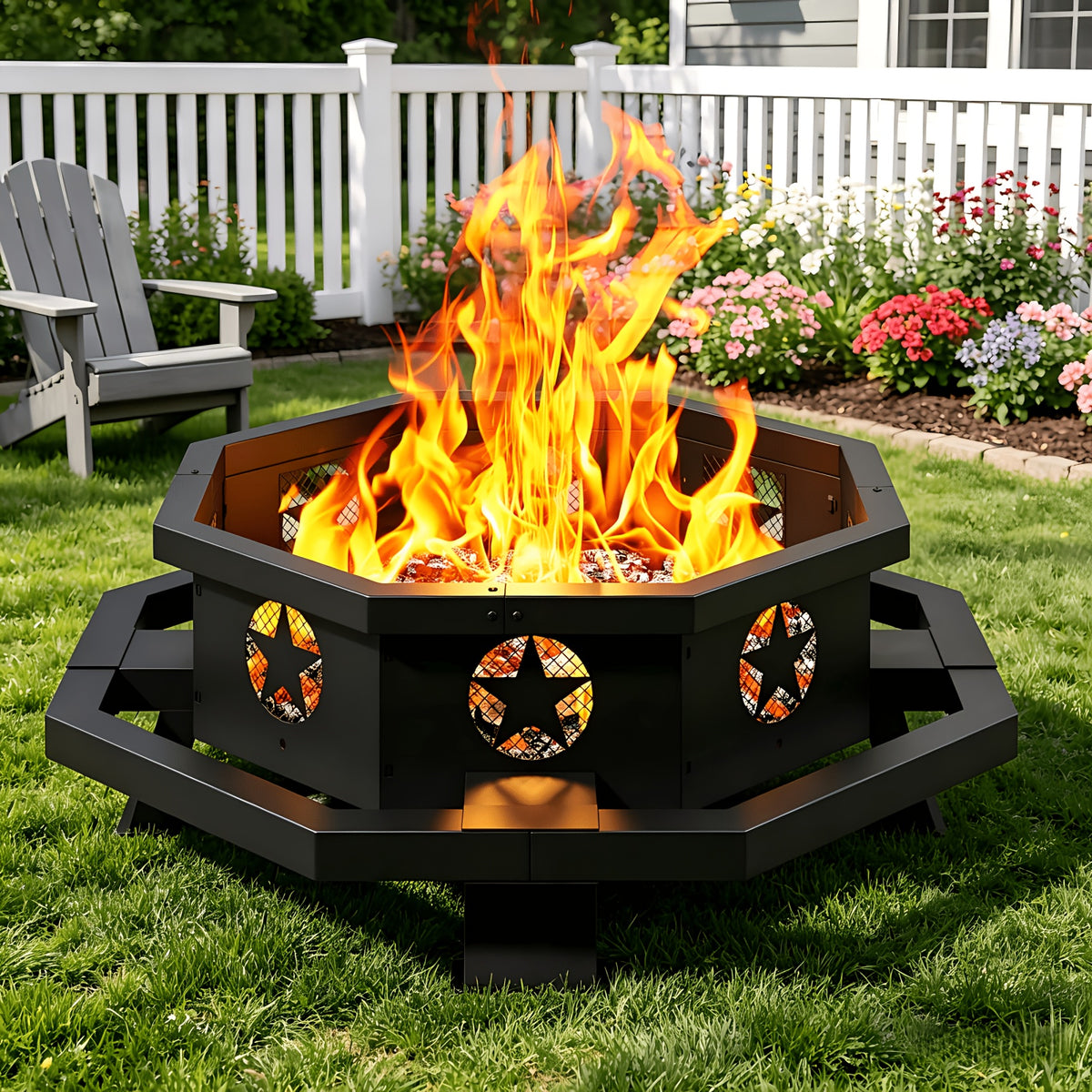 43 Inch Fire Pit For Outside Wood Burning, Outdoor Octagonal Fire Pit With Poker, Large Firepit For Camping, Backyard, Patio, Black