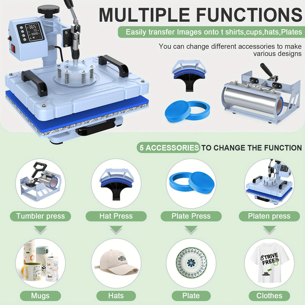 Professional 5-in-1 Heat Press 12x15 Inch with 30oz Tumbler Press, Swing Away Design, Digital Sublimation Machine for T-Shirts, Tumblers, Hats & Plates