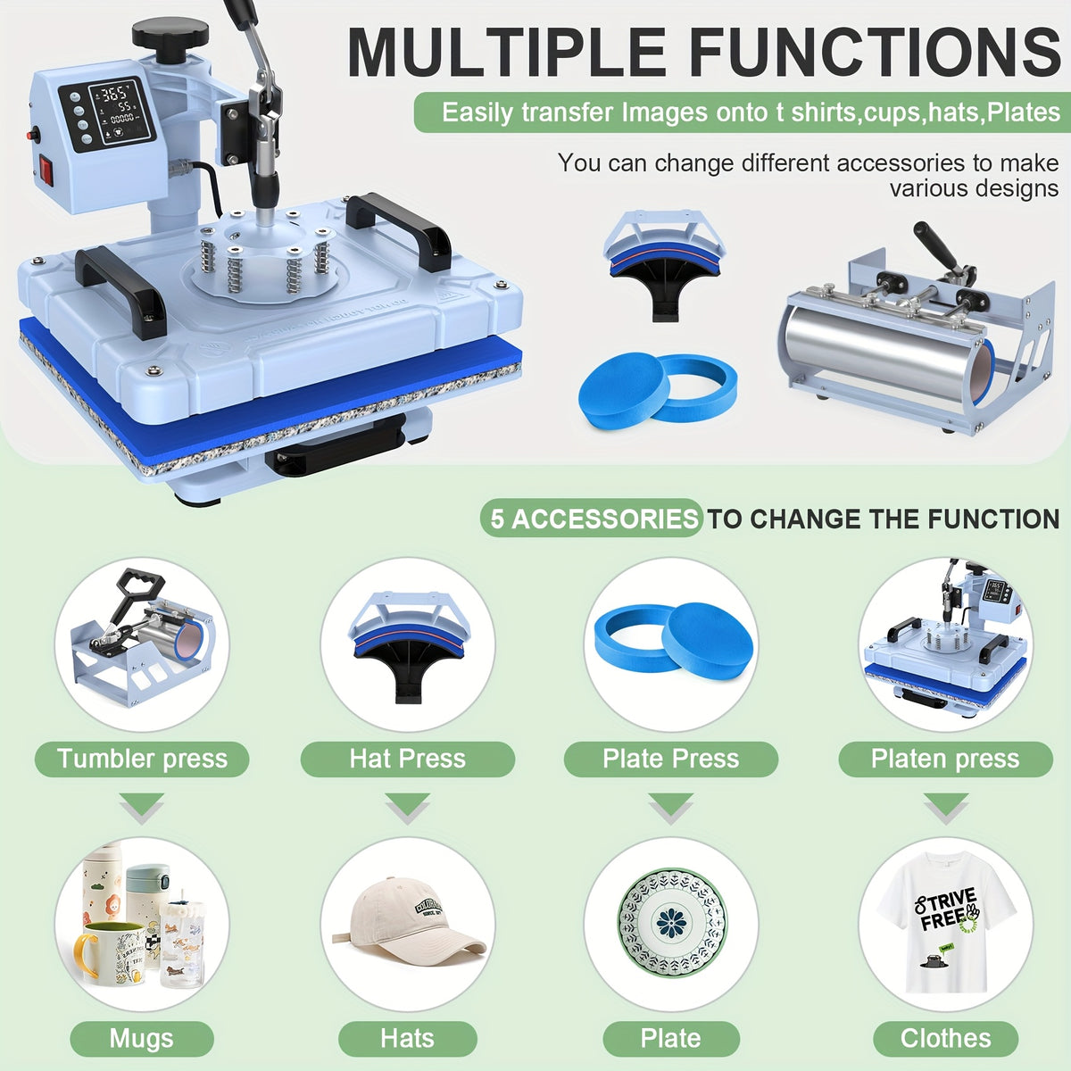 Professional 5-in-1 Heat Press 12x15 Inch with 30oz Tumbler Press, Swing Away Design, Digital Sublimation Machine for T-Shirts, Tumblers, Hats & Plates