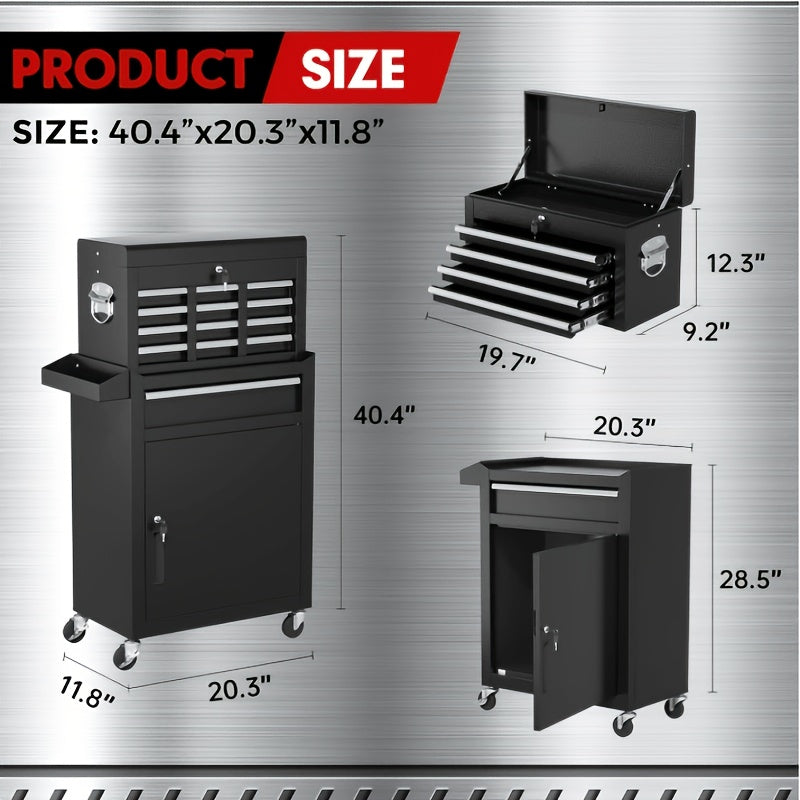Rolling Tool Chest with Wheels, 8 Drawer High Capacity, 2-in-1 Detachable Steel Toolchest Organizer Combo for Garage, Workstation, Barbershop(Black)