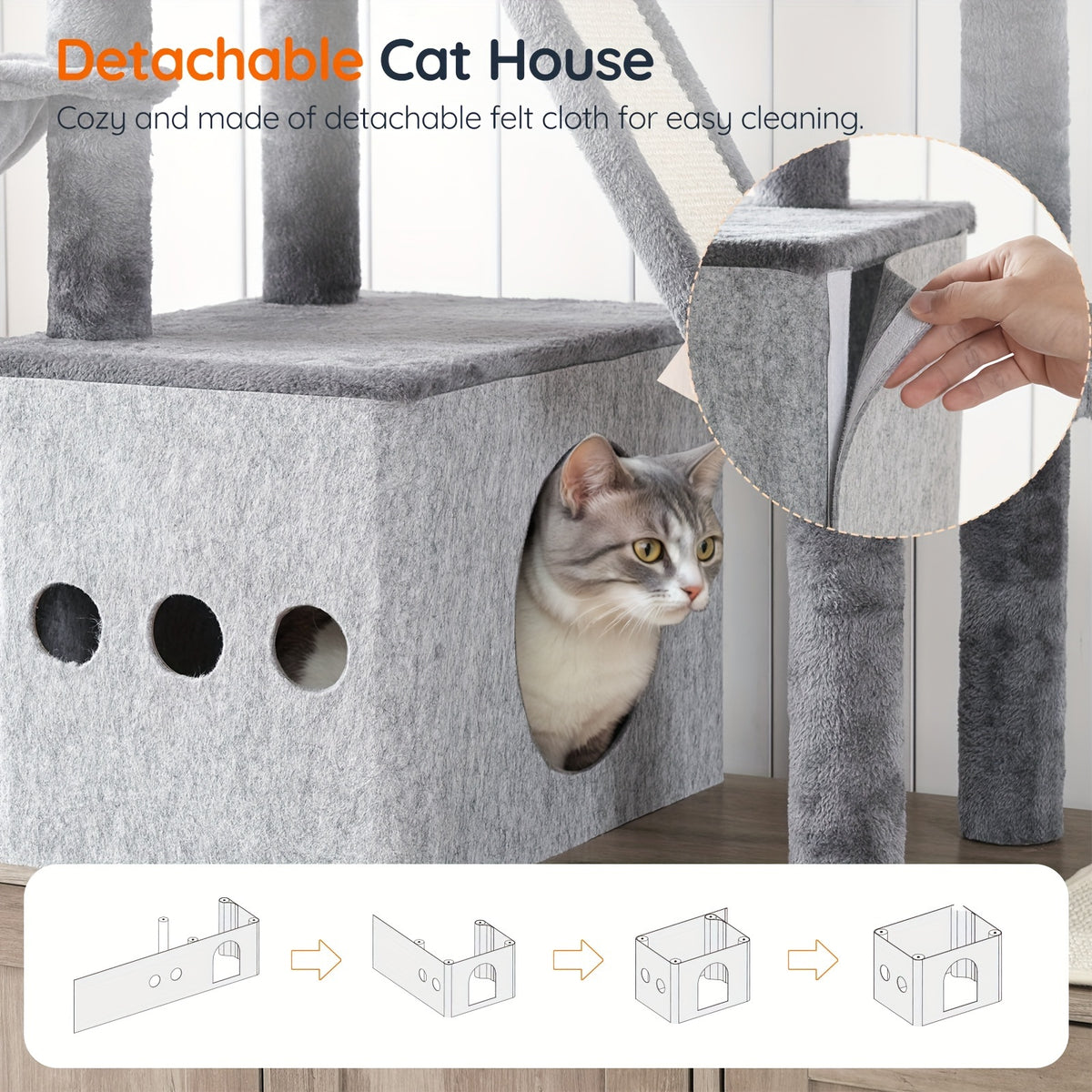Double Litter Box Enclosure with Cat Tree, 45.3"L X 17.7"W X 68.9"H All-In-One Modern Cat Tower with Cat Bed, Hidden Litter Box Enclosure Furniture, with Hammock, Sisal Posts, Greige