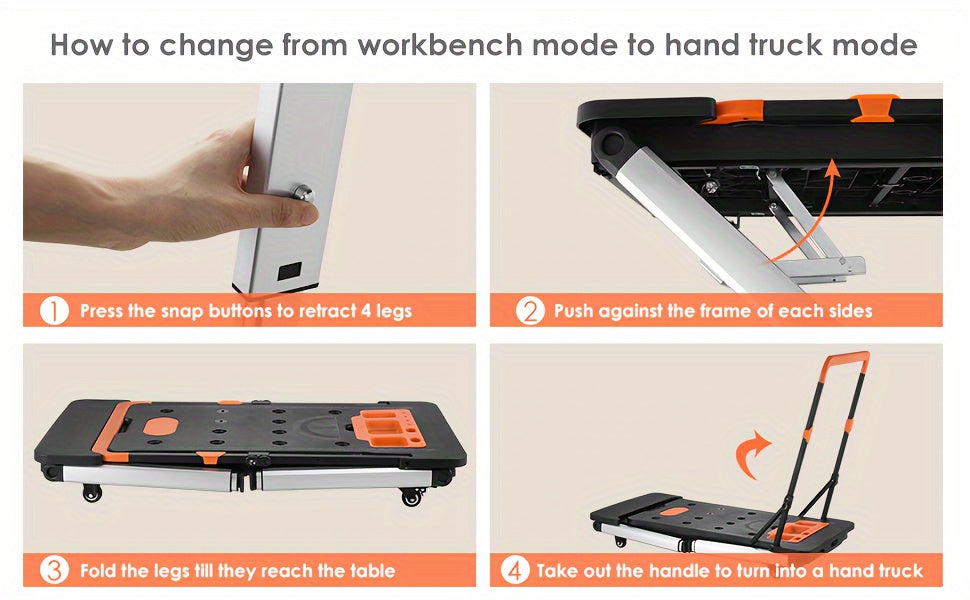 7in 1 Multifunctional Work Benches with Power Outlet, Folding Work Table for Garage, As Portable Workbench, Sawhorse, Scaffold, Platform, Car Creeper, Dolly And Hand Truck, with 4 Wheels, Requires No Assembly