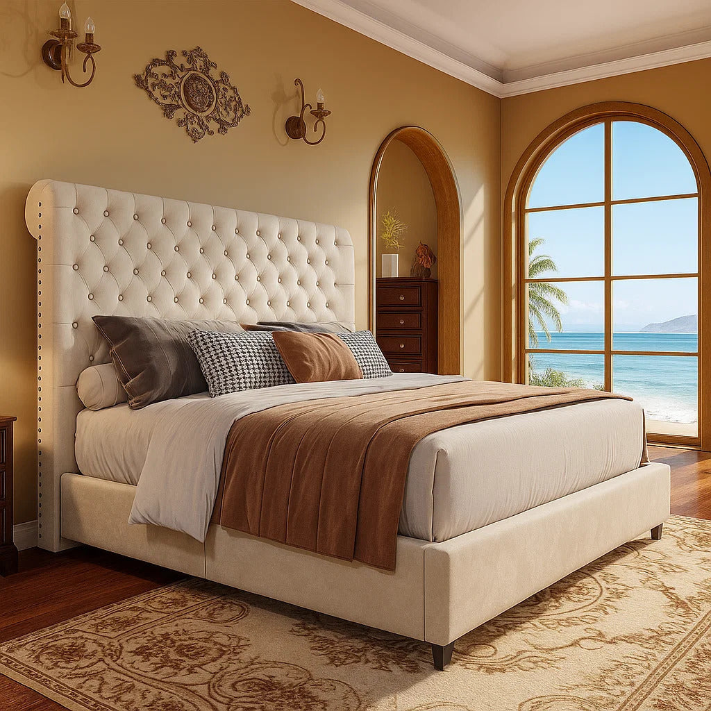 ALBOTT Upholstered Platform Bed Frame With 52.8 Inch Sleigh Headboard- Button Tufted Design, No Box Spring Required, Easy To Assemble
