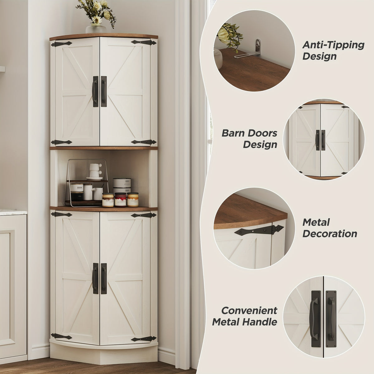 Farmhouse Corner Cabinet with Vintage Barn Door, 4 Doors & 5 Adjustable Shelves, Multifunctional Storage Organizer for Kitchen Corner, Dining Room, Laundry Room, Pantry | Freestanding Space Saver Cupboard White/Grey/Blue/Green