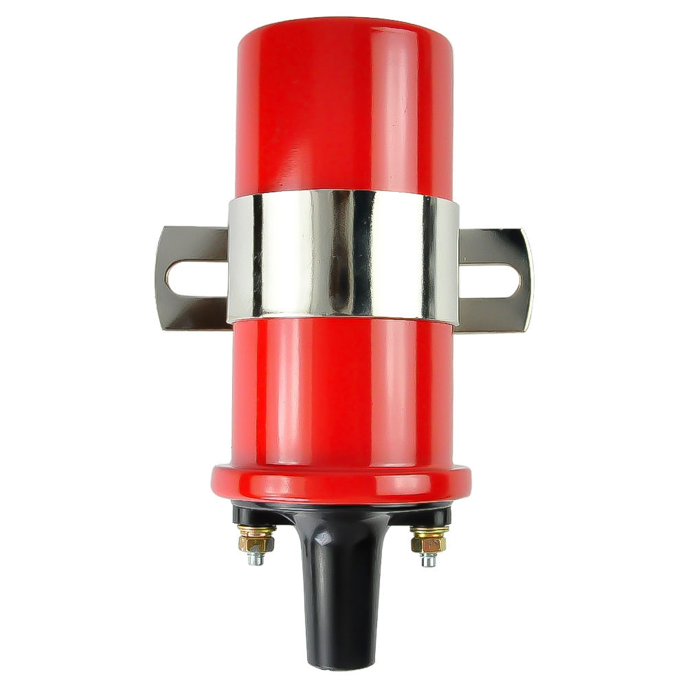 HEI Distributor Small Cap For Chevy 327 And 350 with Red Coil And 8.5Mm Wires Positioned Beneath The Exhaust