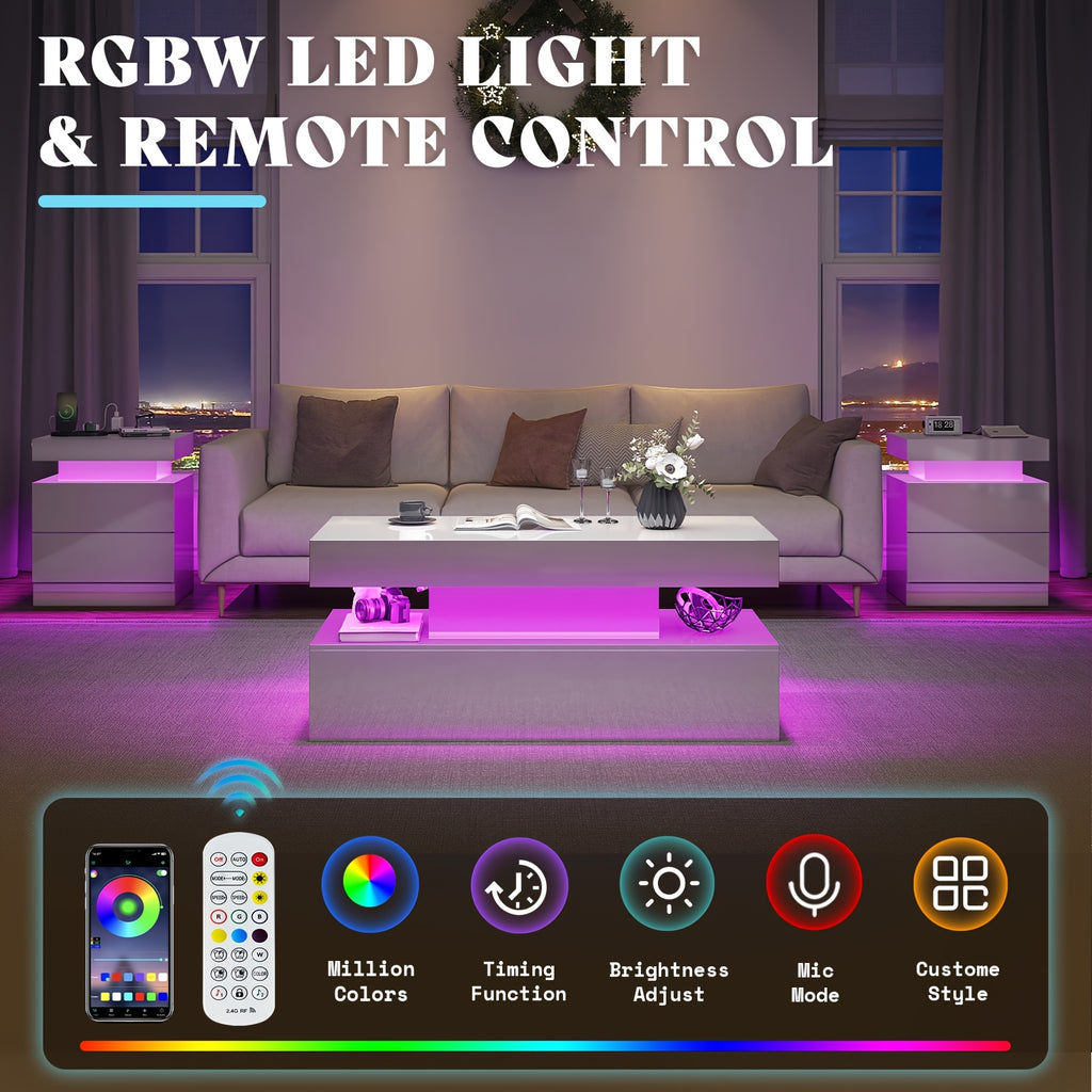 High Gloss 3pcs Living Room Table Set, Modern LED Coffee Table Sets Of 3, 2-Tier Center Table with 2 End Side Tables, LED Lights Bedside Table Nightstands with Charging Station