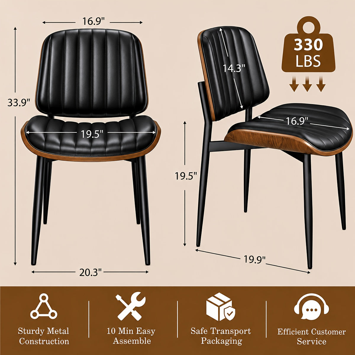 Set Of 2 Modern Faux Leather Dining Chairs, Padded Seat & Backrest, Metal Legs with Adjustable Feet, for Kitchen, Dining Room, Office
