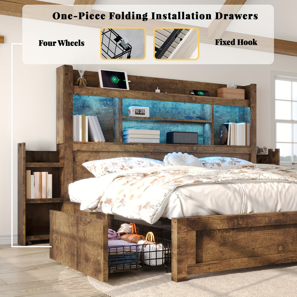 Wooden Platform Bed Frame with 4 Storage Drawers and Farmhouse Styling for Organized Bedrooms