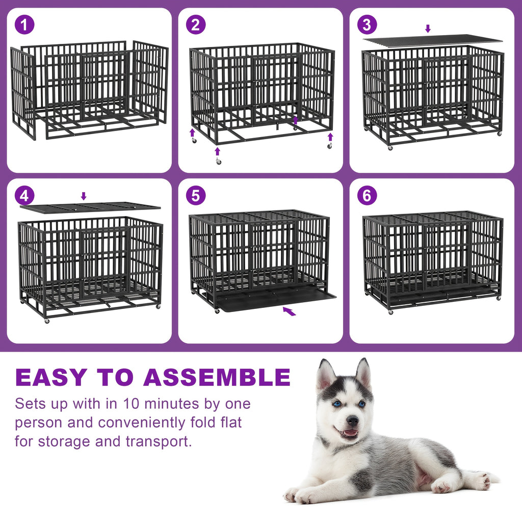 48inch Extra Large XXL Heavy-Duty Dog Crate - Double Door, Escape-Proof, Wheels, Removable Tray - Easy Cleaning Design For Large Breeds
