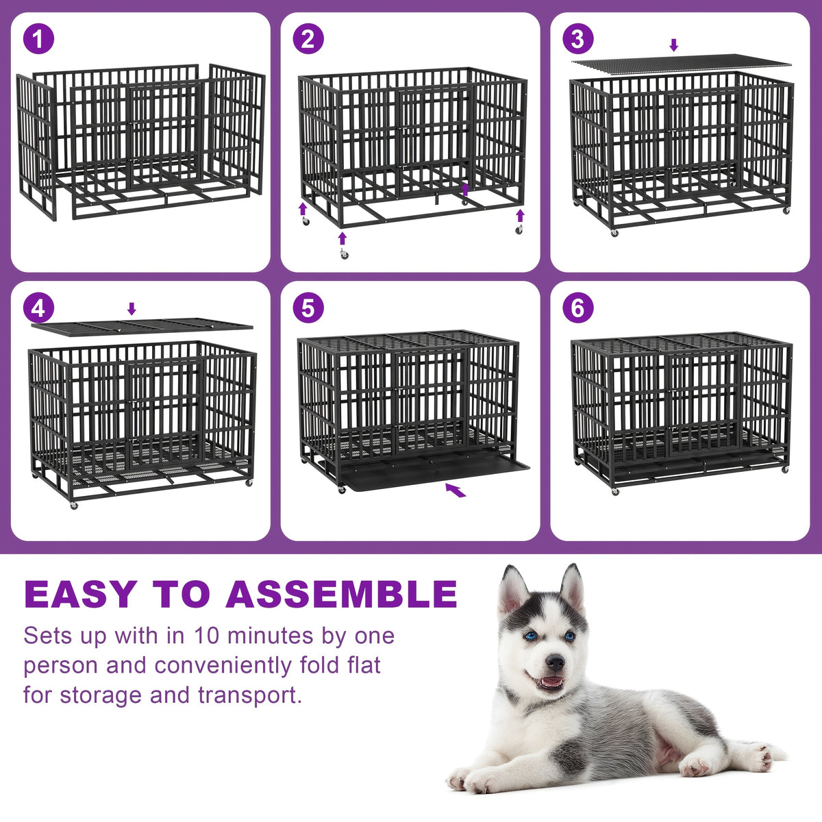 48inch Extra Large XXL Heavy-Duty Dog Crate - Double Door, Escape-Proof, Wheels, Removable Tray - Easy Cleaning Design For Large Breeds