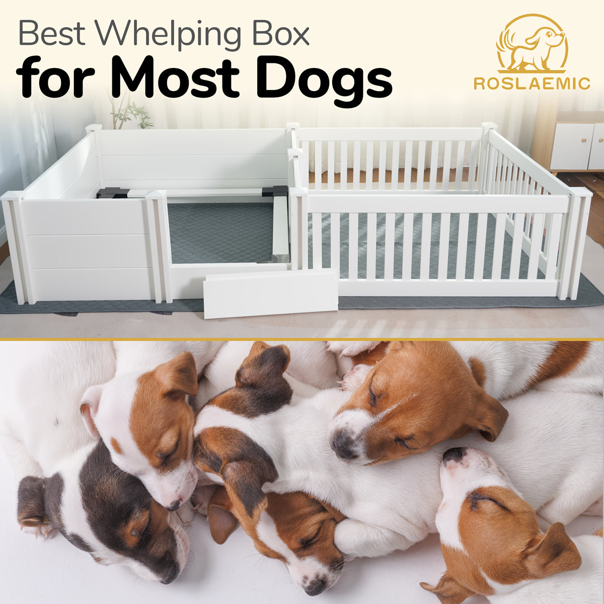 [Whelping Box For Dogs] Roslaemic 2-Rooms Whelping Box For Dogs And Puppies With Rails, 96" L X 48" W X 19" H, Suitable For Large/Extra Large Dogs, White