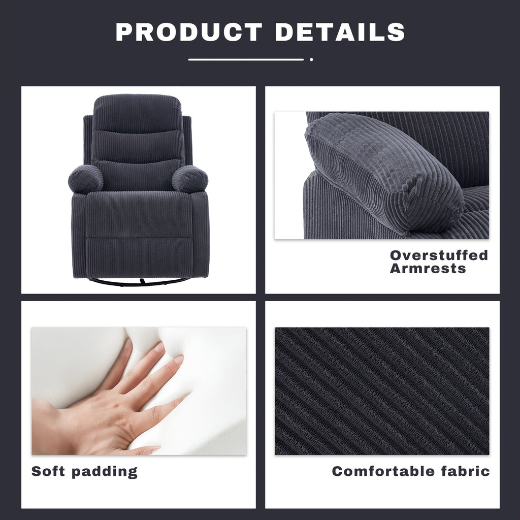 Corduroy Swivel Rocking Recliner Chair, Manually Adjustable Single-person Lounge Sofa with Padded Seat and Backrest, Ergonomically Designed Casual Armchair Suitable for Daily Relaxation in Living Rooms, Bedrooms, and Home Theaters
