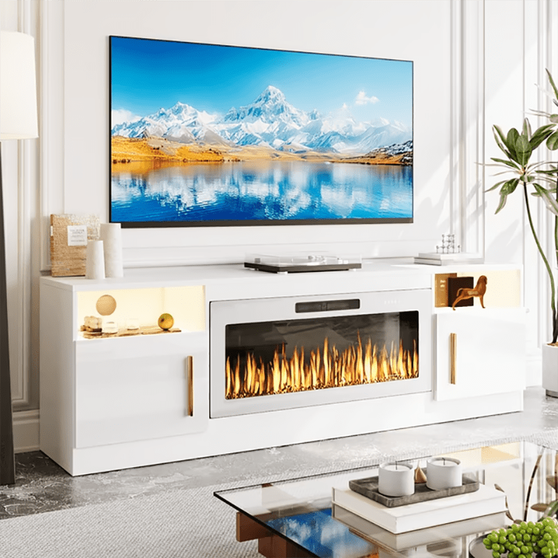 70“ Fireplace TV Stand with 36" Electric Fireplace Up to 80" TVs, Led Entertainment Center with High Glossy Doors, Modern Wood Media TV Console for Living Room