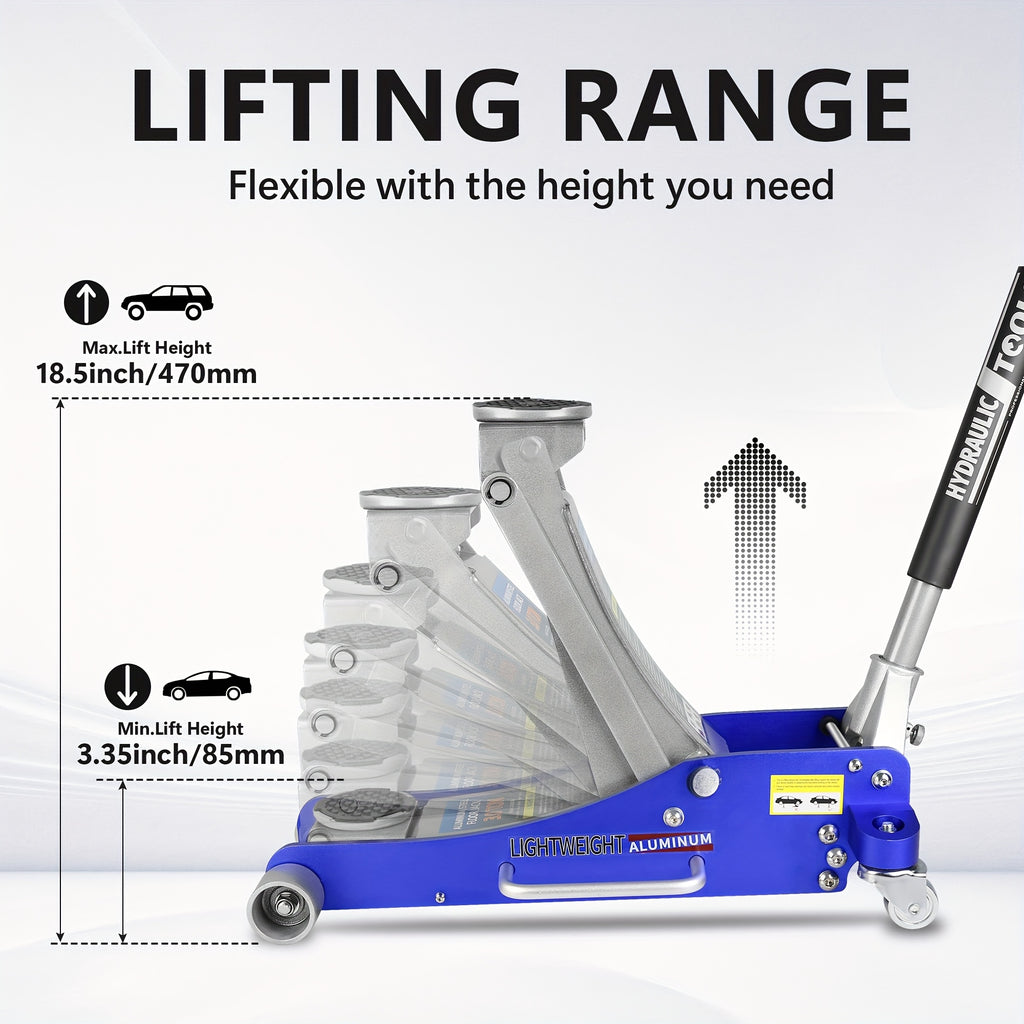 Hydraulic Low-Profile Racing Floor Jack Made of Aluminum And Steel, Featuring a Dual Piston Quick Lift Pump, Available in 1.5 Ton, 2.5 Ton, And 3 Ton Capacities