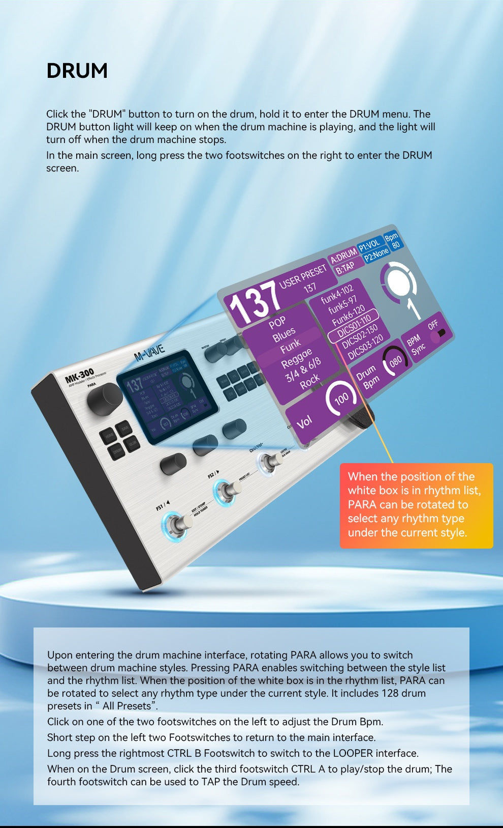 M-VAVE MK-300 -in- Electric Guitar & Bass Multi-Effects Processor with Drum Machine Backing Loop, Emulated Amplifier Suitable for Studios, Performances, Recording Gear, Looping Effects Unit