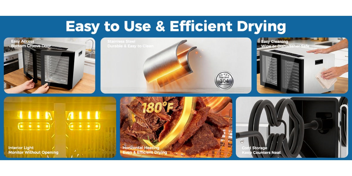 Dual Zone Food Dehydrator, 20 Stainless Steel Trays, 1300W Dual Layer Food Dryer with Recipe, 180°F Adjustable Temp, 48H Digital Timer, 10 Presets for Jerky, Meat, Fruit, Herbs
