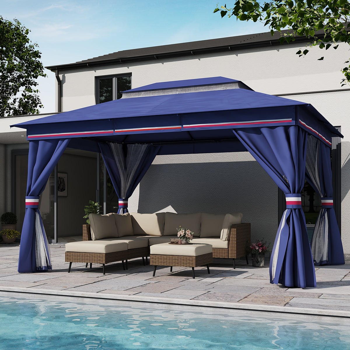 Outdoor Gazebo 10x13 ft by KAMEROUT with Double Roof and Mesh Privacy Screens for Backyard Gatherings