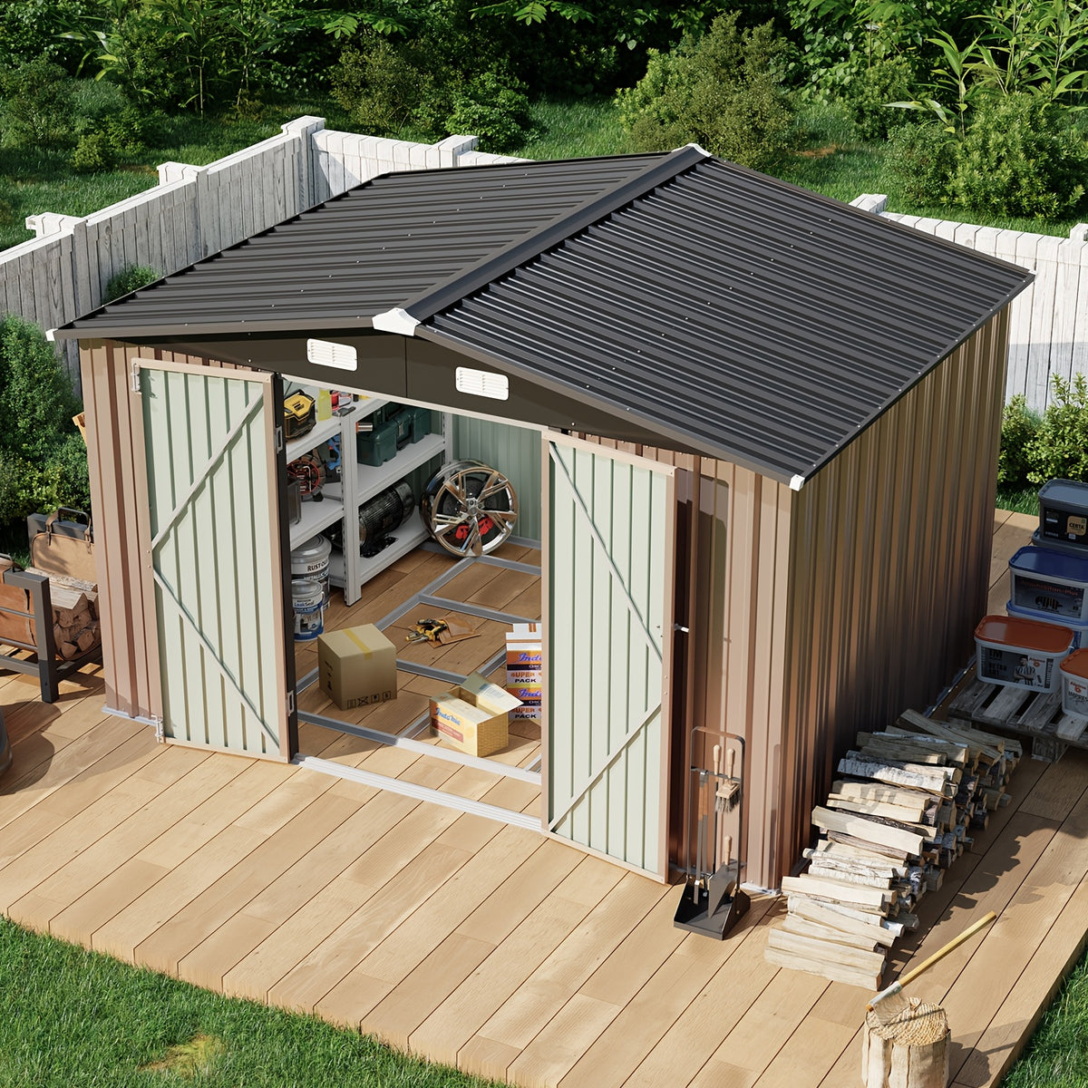 UMORLYRAE Outdoor Metal Storage Shed 6x4/8x6ft/10x8ft/10x12ft Garden Tool Shed Heavy Duty Utility Storage House with Optional Foundation for Backyard Patio Brown