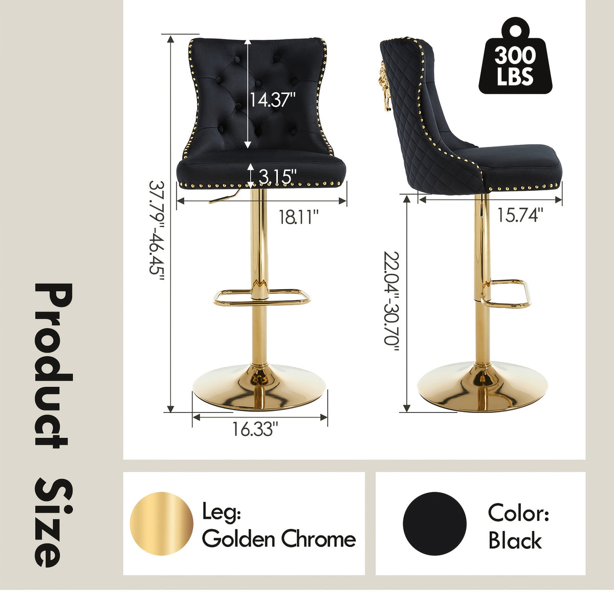 DMKAI Golden Lion Head Velvet Bar Stools Set Of 2, Luxury Diamond Tufted High Back, Adjustable Height 360° Swivel with Golden Base for Kitchen Island Home Bar