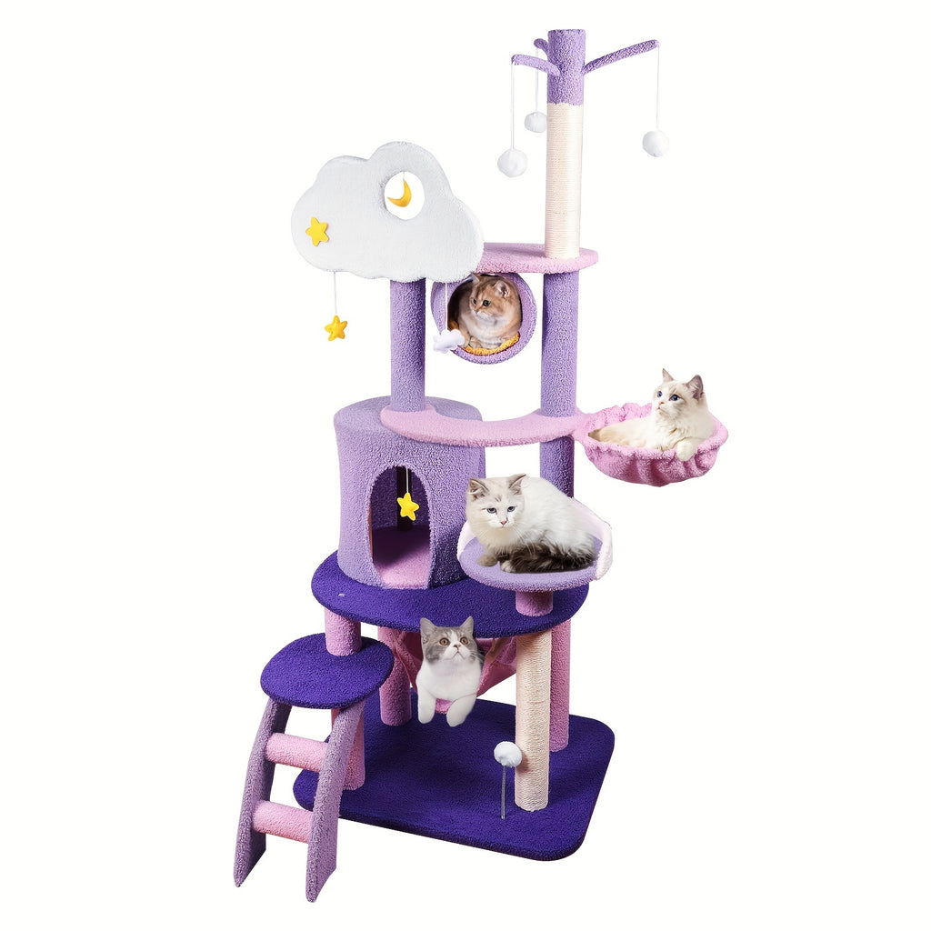 65in Cat Tree Cute for Indoor Cats Pink Moon Cat Tree Tower with Scratching Post, Hammock And Condo Large Tall Cat Tree for Kittens Cats