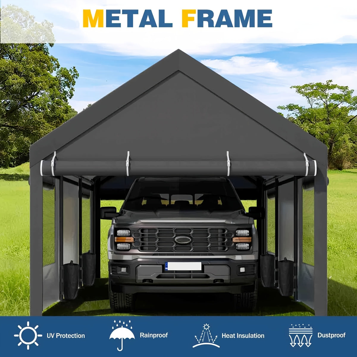 JAMFLY Sturdy Carport Featuring Roll-Up Ventilated Windows, Outdoor Canopy, Portable Garage Gazebo Equipped with Detachable Sidewalls & Doors for Vehicles, Truck, Boat, All-Season Tarp Car Canopy