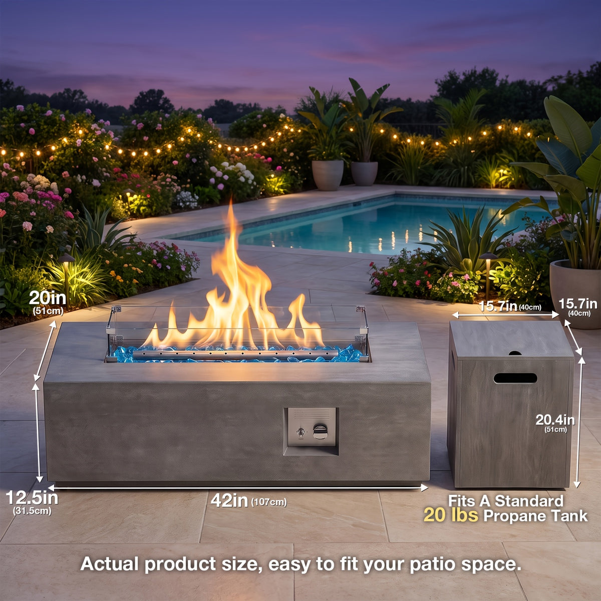 1pc 42 Inch Rectangular Propane Fire Pit Table 50, 000 BTU, Outdoor Gas Firepit With Lid, Blue Fire Glass & Glass Wind Guard, RGB/Warming Light, Includes Rain Cover For Patio, Backyard Deck (Black/Grey/Light Grey)