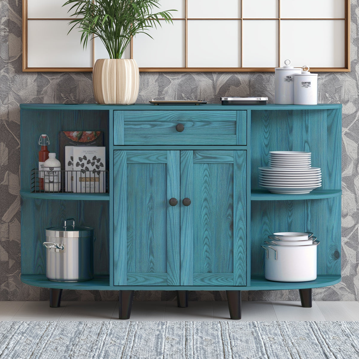 Sideboard Buffet Cabinet, Freestanding Kitchen Cabinet with Storage, Accent Coffee Bar Cabinet with Doors, Vintage Blue