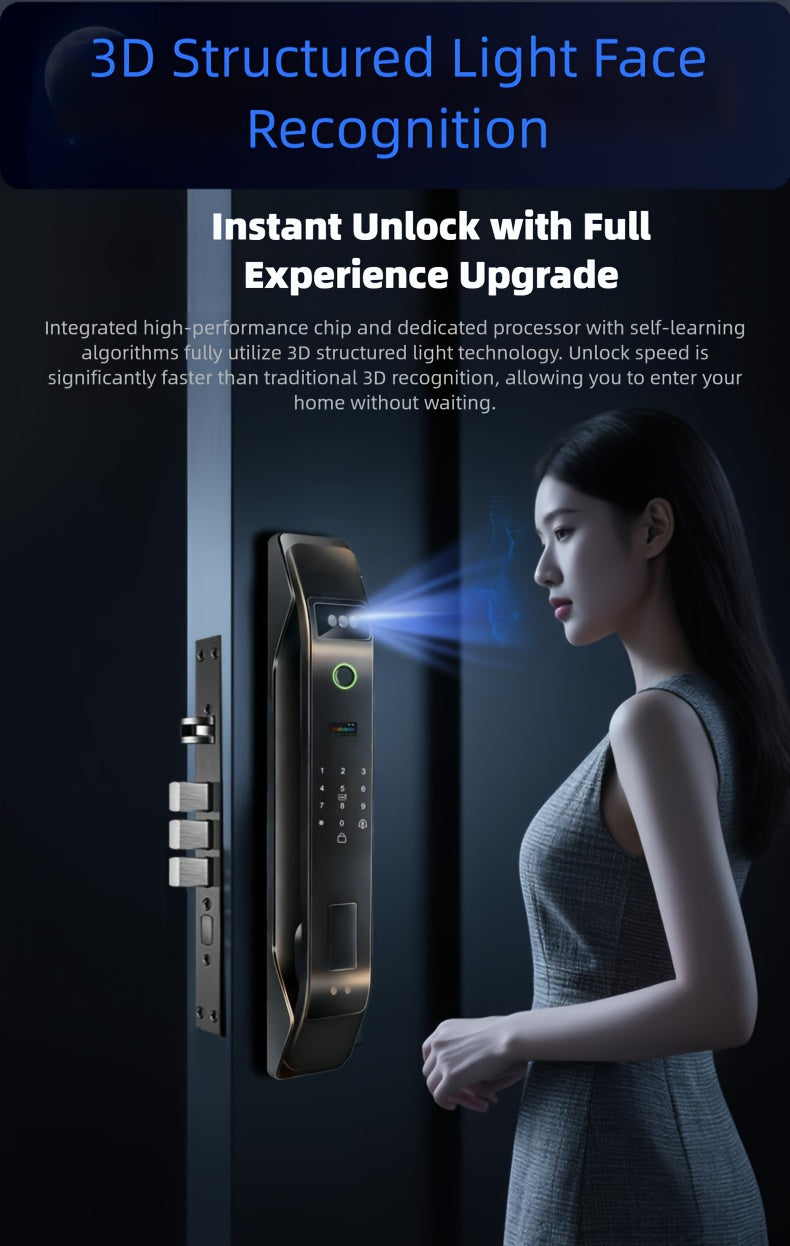 Modern AI Smart Lock with 3D Facial & Fingerprint/Palm Vein Biometric Entry, Keyless Door Lock Suitable for Home/Office, Remote Video Intercom System, Mobile App, Password/Key Entry, Smart Door Lock for Apartments