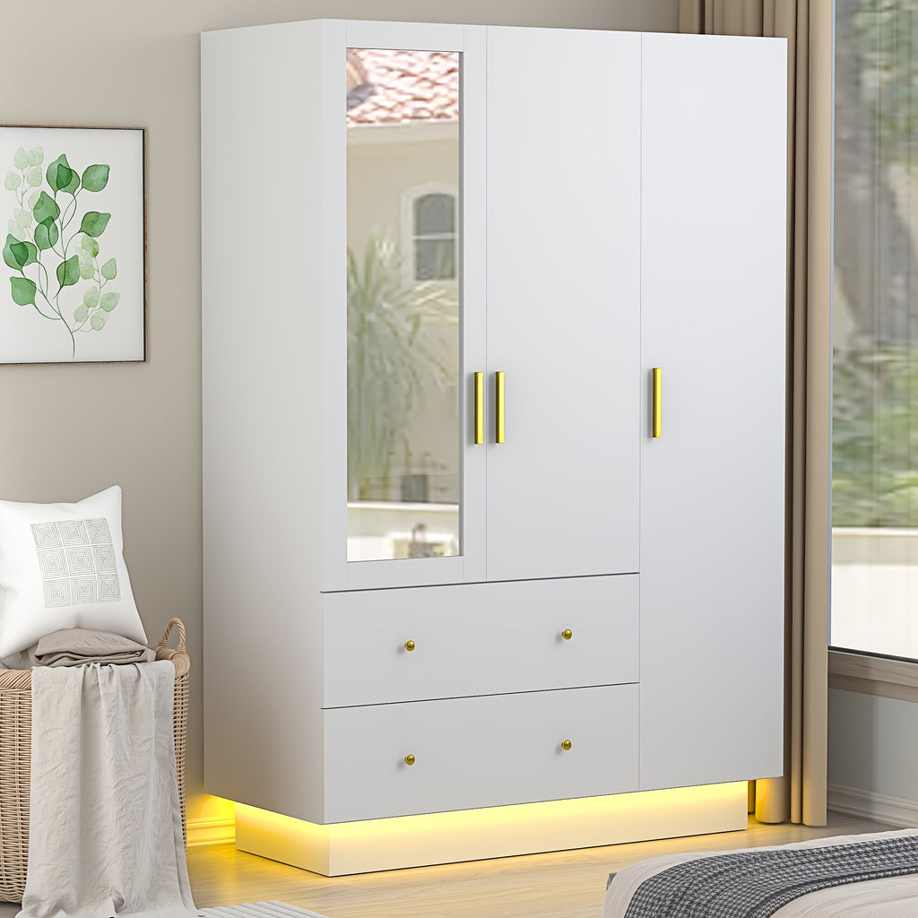 3 Doors Armoire Wardrobe Closet with Mirror, LED Armoire with Doors And Drawers, Wooden Armoire Storage Cabinet with Hanging Rod, Adjustable Shelves