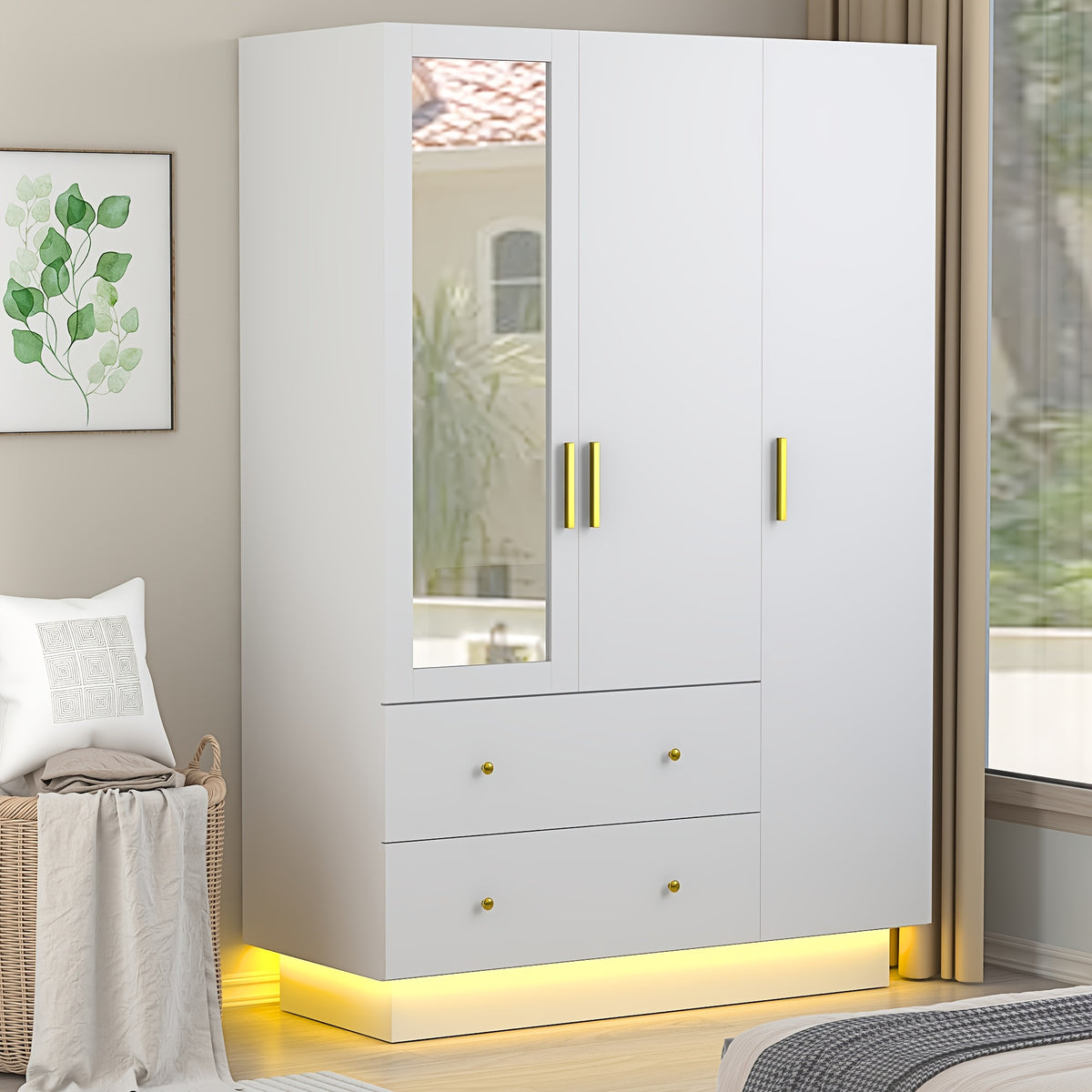 3 Doors Armoire Wardrobe Closet with Mirror, LED Armoire with Doors And Drawers, Wooden Armoire Storage Cabinet with Hanging Rod, Adjustable Shelves
