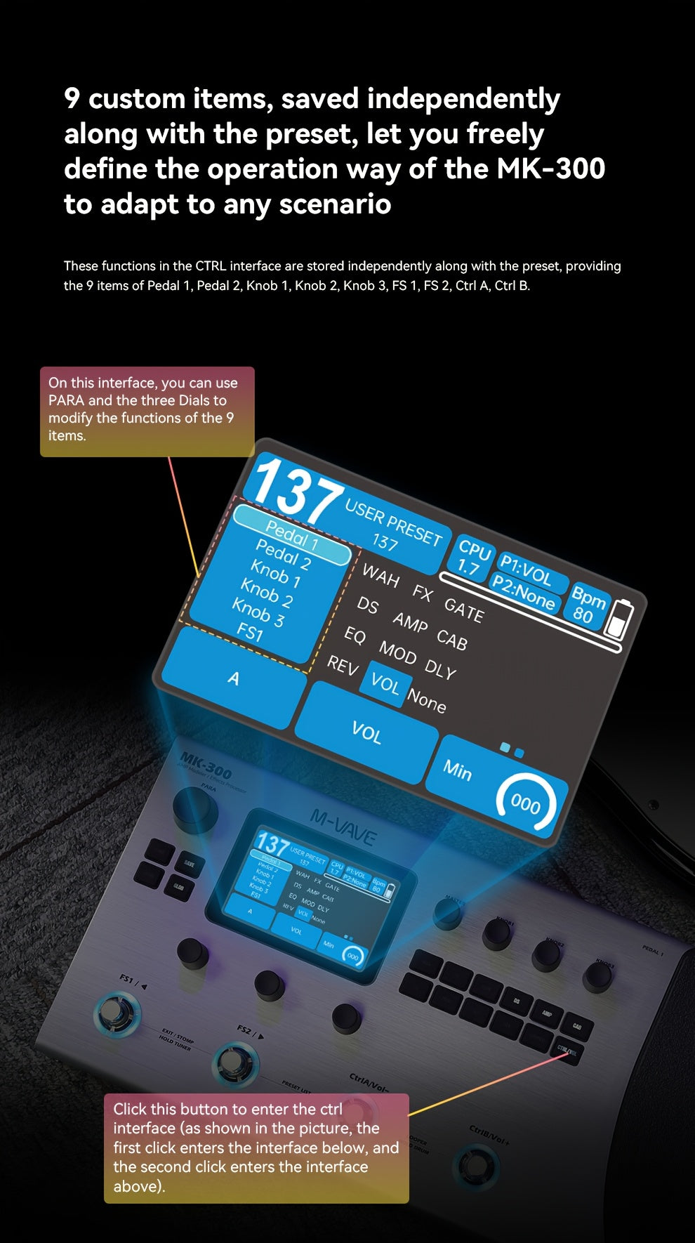 M-VAVE MK-300 Electric Guitar Comprehensive Effect Device, Accompaniment Loop, Analog Speaker And Sound Card Equipment, Bass Phrase Loop Drum Machine
