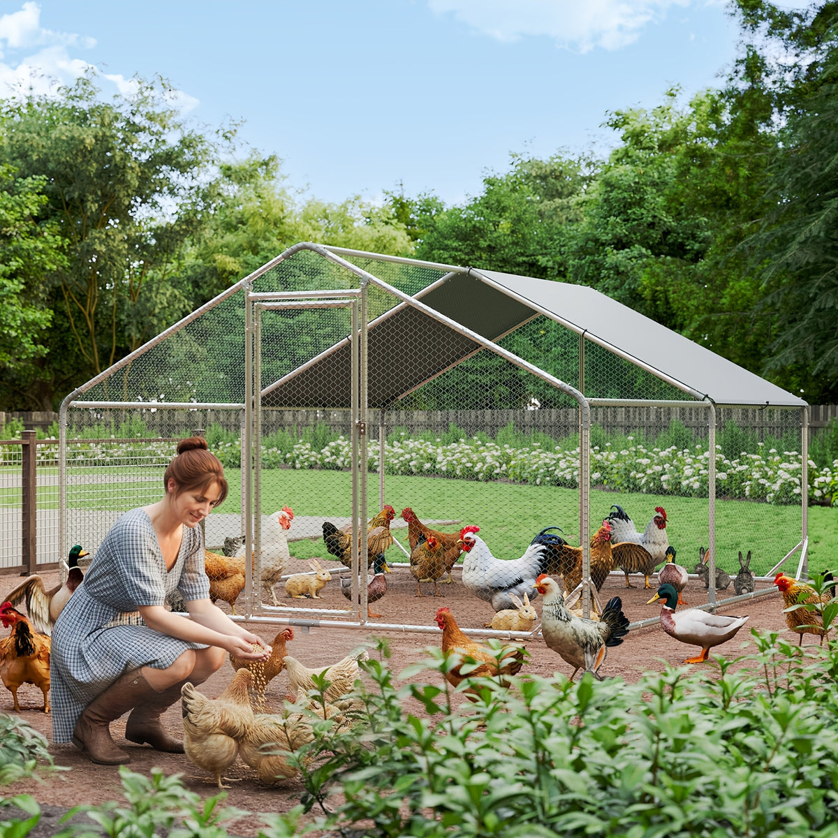 10X13X6.4Ft/10X6.7X6.4Ft Large Metal Chicken Coop with Winter Wrap Cover | Walk-In Chicken Run for Hens/Ducks/Rabbits, All-Weather Poultry Pen with Lock for Outdoor And Backyard, Farm, Duck Rabbit Cage Poultry Pen