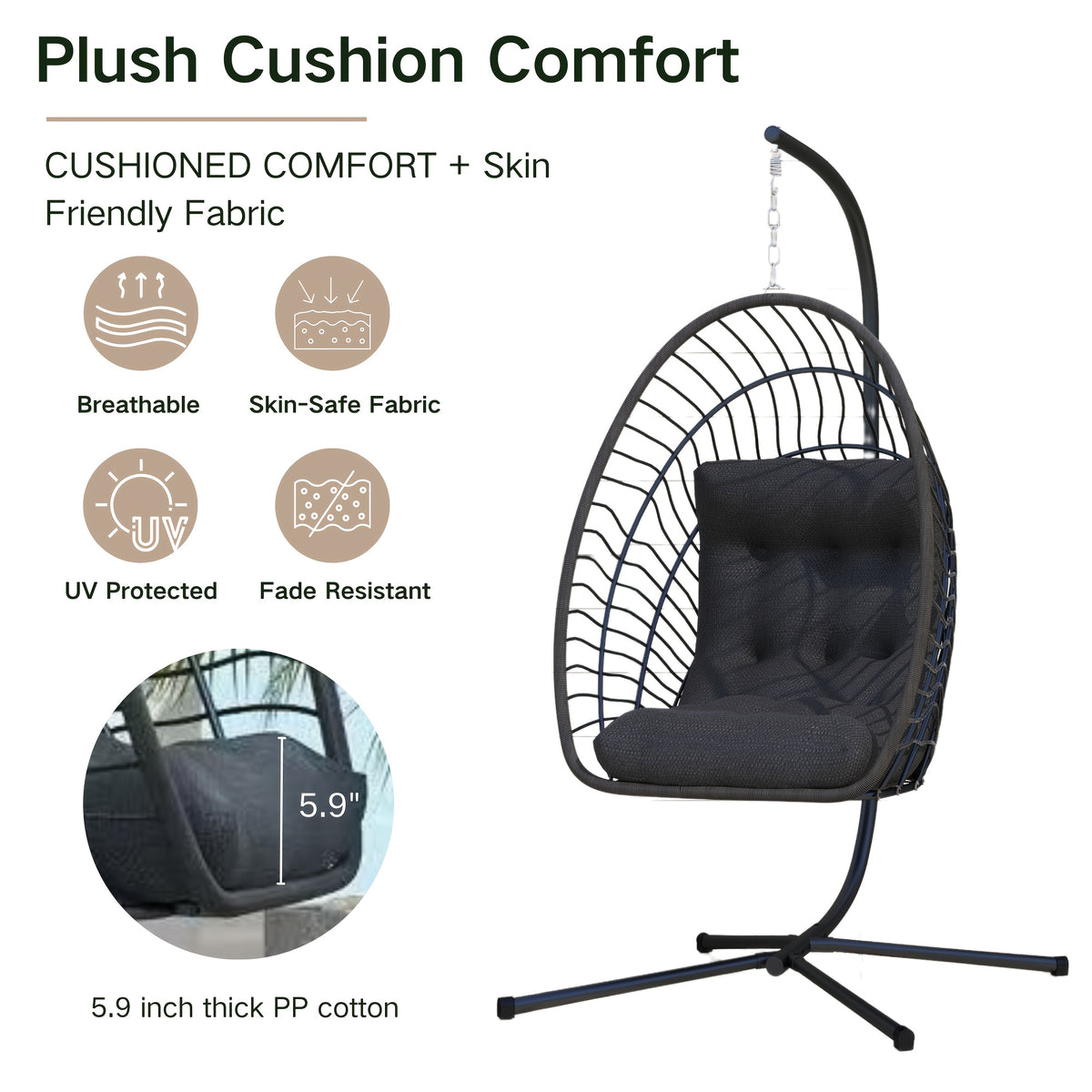 Hanging Egg Chair with Stand, Foldable Rattan Wicker Hammock Egg Swing Chair Solely for Outdoor, Porch, Patio, Garden, 350LBS Capacity, Grey