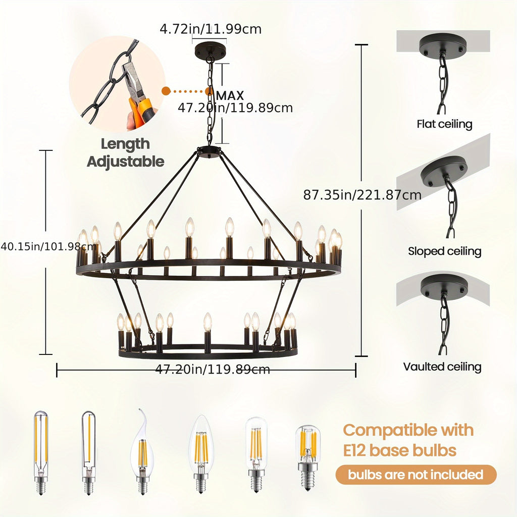 [Modern Farmhouse Chandelier] Modern Farmhouse Chandelier 2 Tier Round Wheel Chandelier Large High Ceiling Light