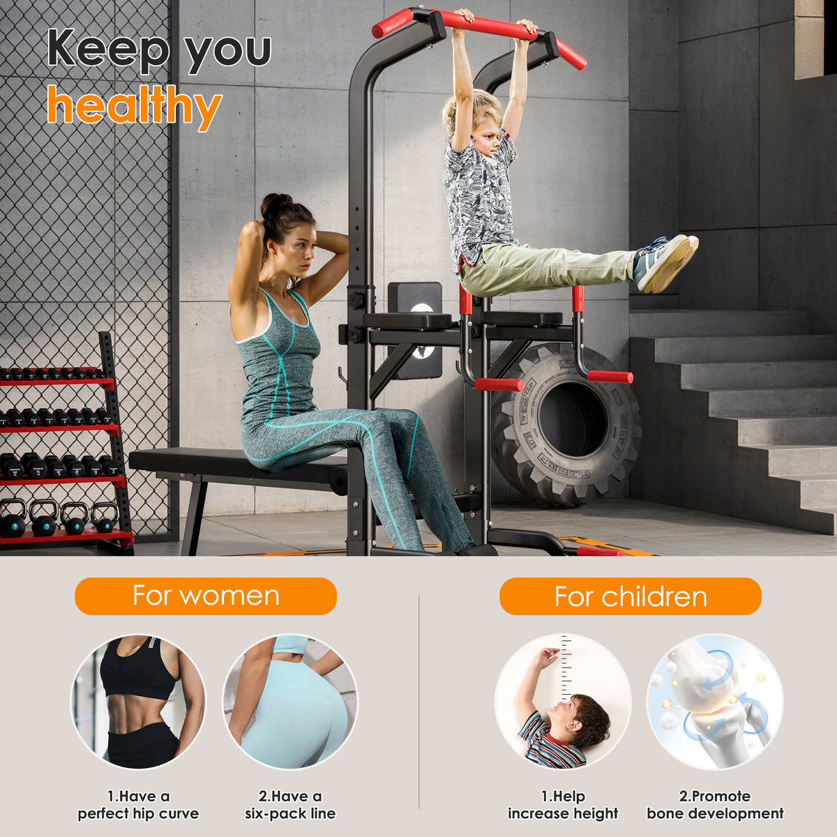 Pull Up Bar Dip Station, Power Tower with Folding Dumbbell Bench & Backrest, Adjustable Height Pull Up Bar Stand, Multi-Function Home Gym Strength Training Fitness Equipment 330LBS