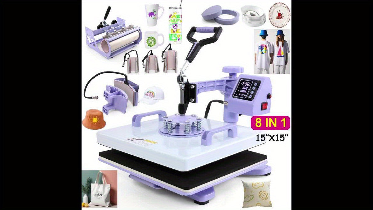 11pcs 8-in-1 - 15"x15"/12"x15" Heat Press Set for T-Shirts, Bags, Pillows, Hats, Beanies, Roller - 12"x10" T-Shirt Machine(Weight 25.35 Lbs) & 15"x15" Auto Single-Workbench & 15"x15" Auto Dual-Workbench Heat Press Only for Cloth, Shirts, Canvas Bags