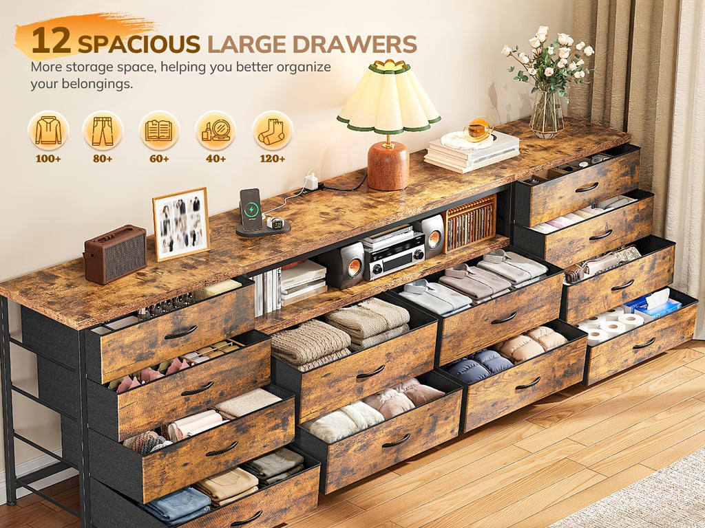 [12pcs] 63" Smart TV Stand With LED Lights & Power Outlets, For TVs Up To 75", 12-Drawer Fabric Dresser, Entertainment Center For Living Room, Bedroom, Hallway, Brown